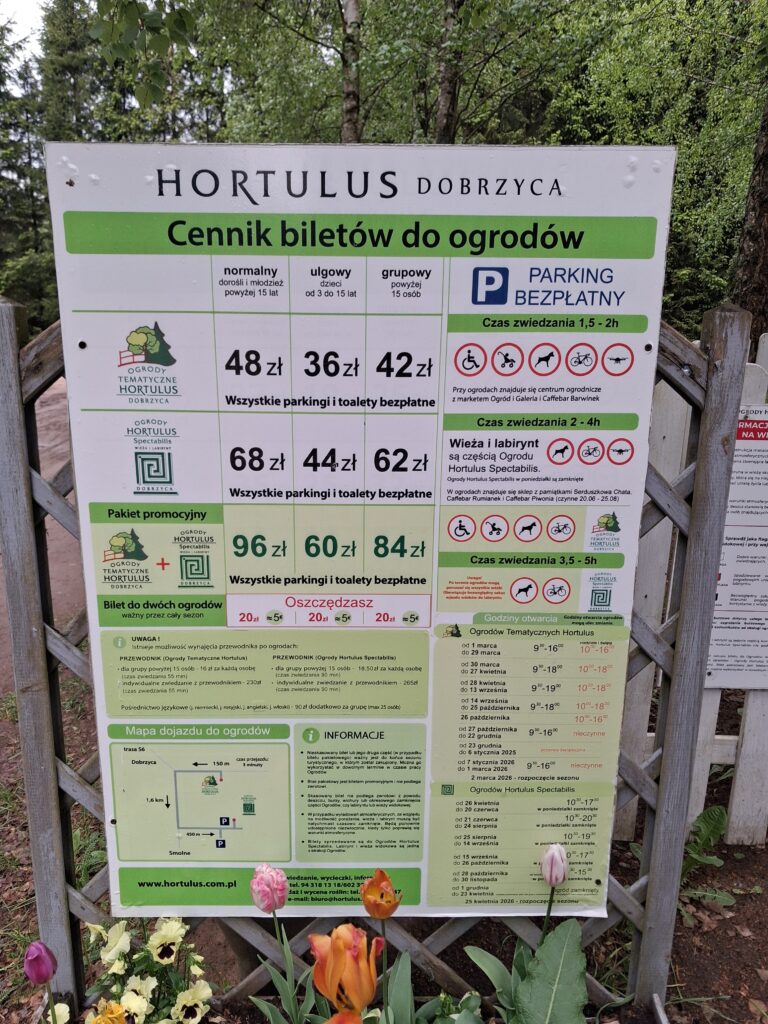 cennik biletow ogrodów Hortulus Spectabilis i ogrodów tematycznych Hortulus Dobrzyca