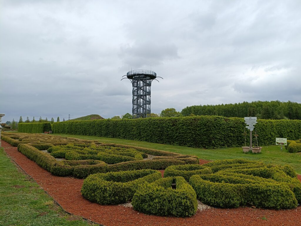 Partery bukszpanowe i metalowa wieża widokowa w Hortulus Spectabilis w Dobrzycy